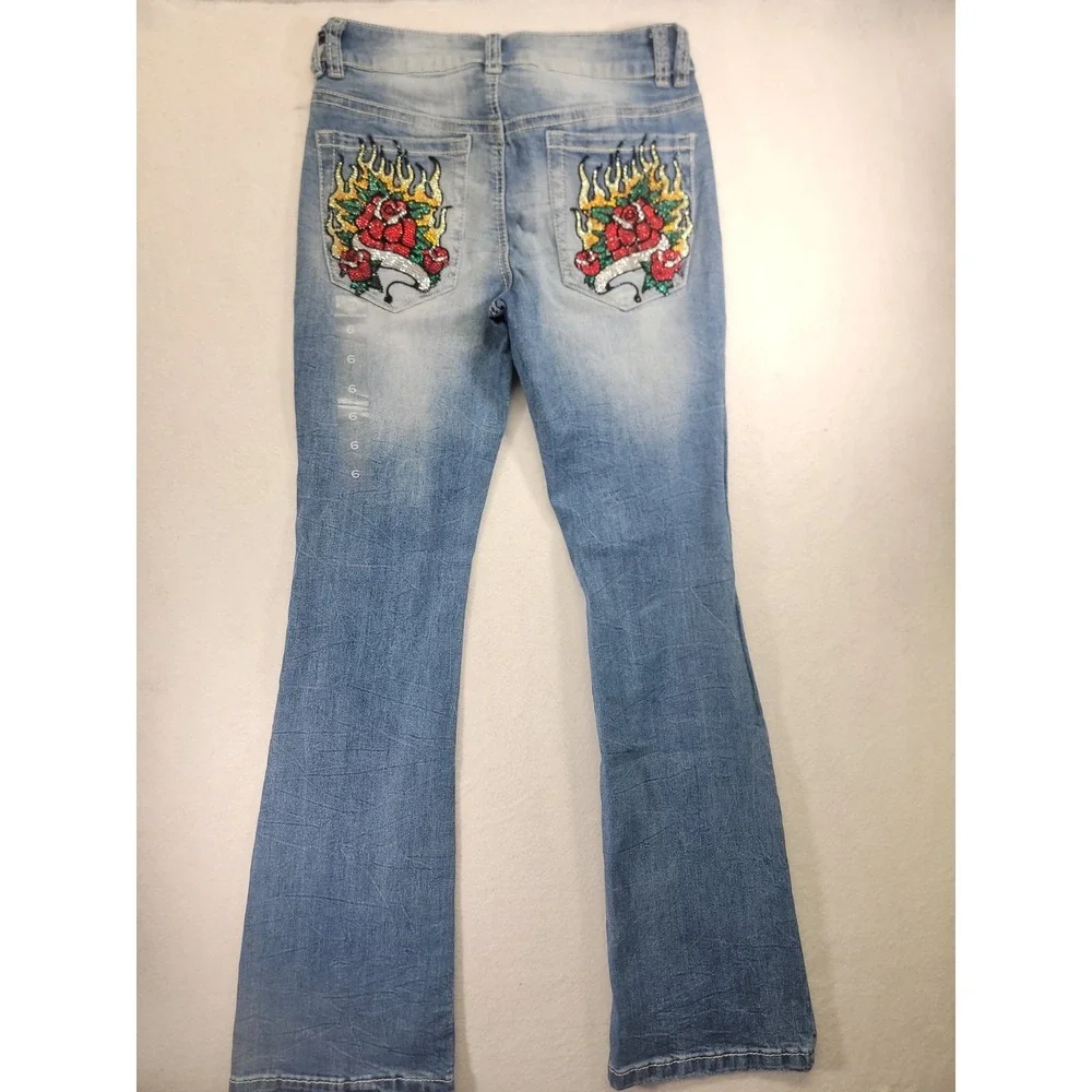 Ninth Hall Alyssia Embroidered Rose Flame Rhinestone Jeans Bootcut NWOT Sz‎ 6